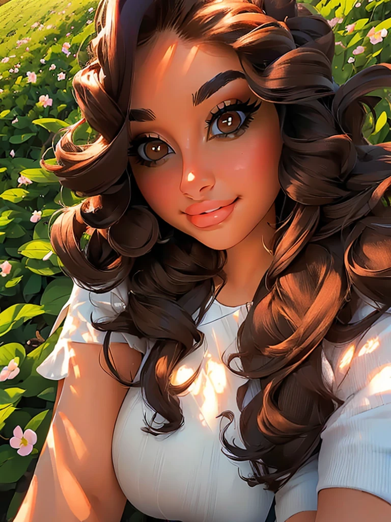 (masterpiece:1.2), (best quality:1.2), perfect brown eyes, perfect face, perfect lighting, 1girl, mature female in a field, dark brown hair, curly hair, detailed clothes, detailed outdoor background, makeup, eyeshadow, thick eyelashes, fantasy, looking at the viewer, spring 