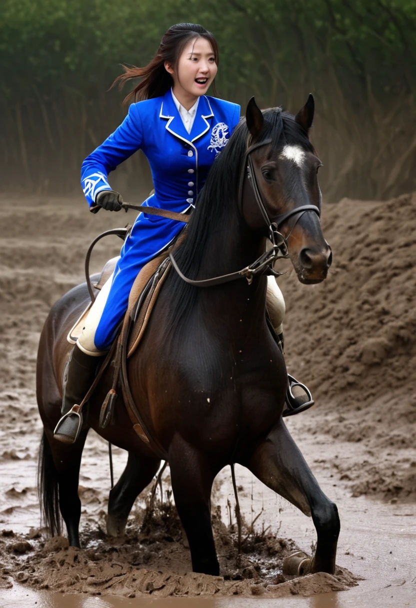 girl of riding horse accident,On a muddy slope,Neighing Horse,(((masterpiece))),(((Highest quality))),((Tabletop:1.4, Highest quality)), (Genuineな写真:1.4), Blue Haori,get caught in a net,Severe,Covered with thorns,
((1 beautiful knight)),Rodeo,Desperate,don&#39;t make eye contact,tragedy,
(超High resolution:1.2), wonderful, Very detailed CG Unity 8k wallpaper, Very detailed, High resolution,draft horse ridden by japanese , girl is in heart,tight,Muddy place,beauty,The horse neighs,鎧を着たtragedyの女騎士,sink,In the mud,
Cold Light, Beautiful detailed girl, Droopy eyes,Very detailedな目と顔, Beautiful and exquisite nose, Beautiful and exquisite, The prancing horse on which the girl was riding、Horse and girl stuck in deep muddy pit:10.0 ,Genuine,Anatomically correct