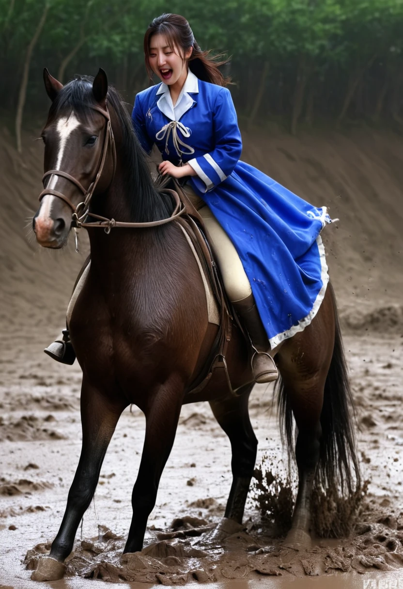 girl of riding horse accident,On a muddy slope,Neighing Horse,(((masterpiece))),(((Highest quality))),((Tabletop:1.4, Highest quality)), (Genuineな写真:1.4), Blue Haori,get caught in a net,Severe,Covered with thorns,
((1 beautiful knight)),Rodeo,Desperate,don&#39;t make eye contact,tragedy,
(超High resolution:1.2), wonderful, Very detailed CG Unity 8k wallpaper, Very detailed, High resolution,draft horse ridden by japanese , girl is in heart,tight,Muddy place,beauty,The horse neighs,鎧を着たtragedyの女騎士,sink,In the mud,
Cold Light, Beautiful detailed girl, Droopy eyes,Very detailedな目と顔, Beautiful and exquisite nose, Beautiful and exquisite, The prancing horse on which the girl was riding、Horse and girl stuck in deep muddy pit:10.0 ,Genuine,Anatomically correct
