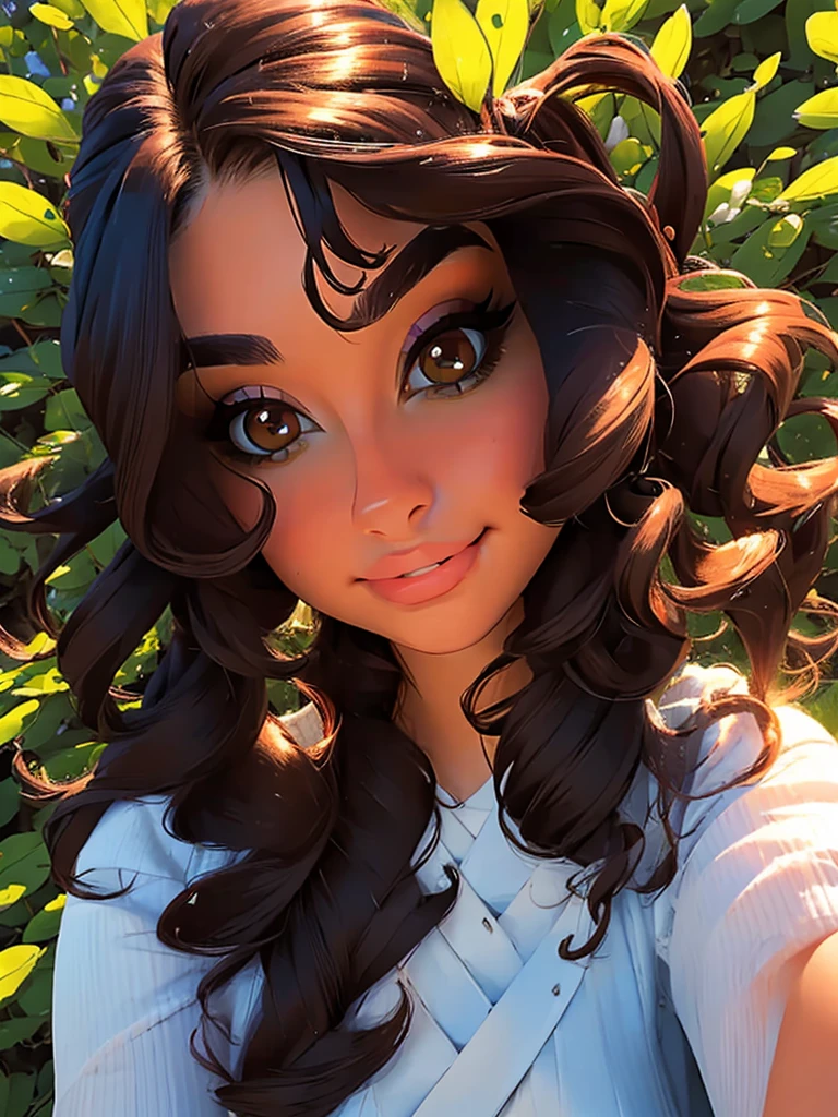 (masterpiece:1.2), (best quality:1.2), perfect brown eyes, perfect face, perfect lighting, 1girl, mature female in a field, dark brown hair, curly hair, detailed clothes, detailed outdoor background, makeup, eyeshadow, thick eyelashes, fantasy, looking at the viewer, spring 