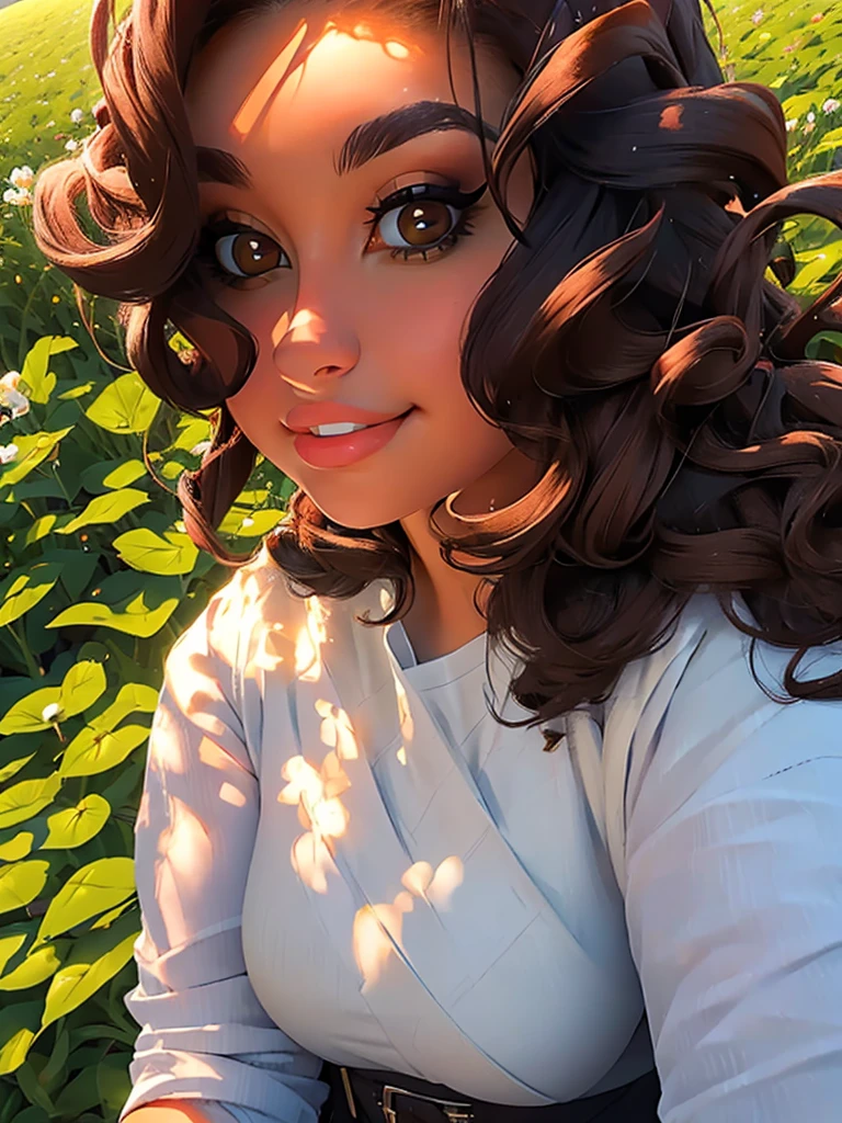 (masterpiece:1.2), (best quality:1.2), perfect brown eyes, perfect face, perfect lighting, 1girl, mature female in a field, dark brown hair, curly hair, detailed clothes, detailed outdoor background, makeup, eyeshadow, thick eyelashes, fantasy, looking at the viewer, spring 