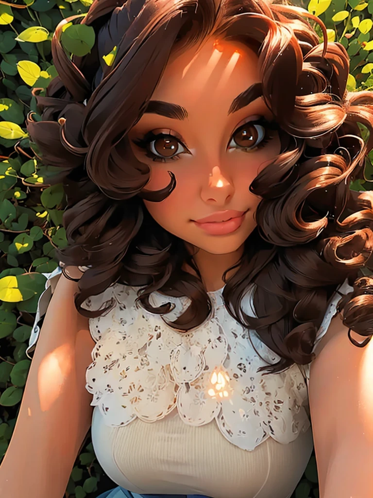 (masterpiece:1.2), (best quality:1.2), perfect brown eyes, perfect face, perfect lighting, 1girl, mature female in a field, dark brown hair, curly hair, detailed clothes, detailed outdoor background, makeup, eyeshadow, thick eyelashes, fantasy, looking at the viewer, spring 
