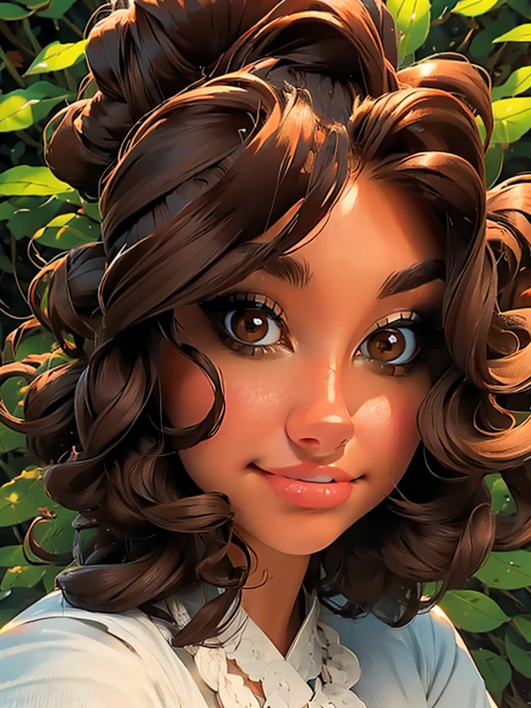 (masterpiece:1.2), (best quality:1.2), perfect brown eyes, perfect face, perfect lighting, 1girl, mature female in a field, dark brown hair, curly hair, detailed clothes, detailed outdoor background, makeup, eyeshadow, thick eyelashes, fantasy, looking at the viewer, spring 