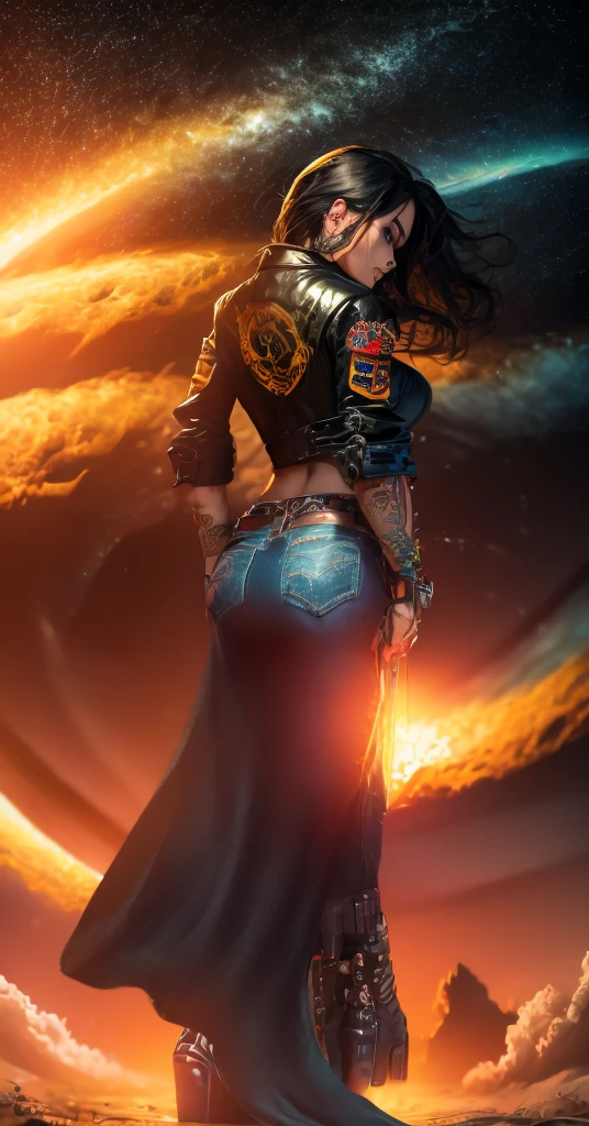 Tall Tough tattooed 40yo latina biker chick, Adult Model Daisy Marie with two strong legs dancing swirling twirling almost collapsing on Saturn's moon Calisto, looking like a creation that could actually survive there, wearing black leather graphics jacket and long leather-like denim dress that touches the ground split in the middle for riding, magic, art, wind, wind blown, spark, lightshow, fireflies, watching the rise of the distant Sun, with Saturn fully visible in the foreground, 36k resolution Kodak professional photography, hyperdetailed, Waiting to start