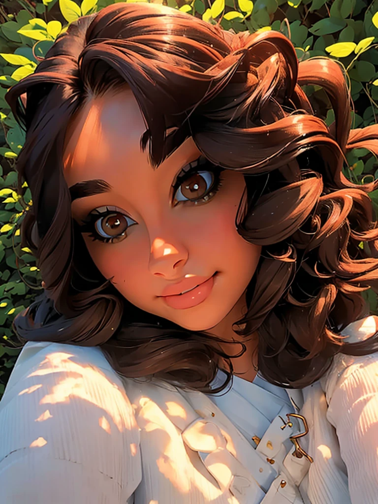 (masterpiece:1.2), (best quality:1.2), perfect brown eyes, perfect face, perfect lighting, 1girl, mature female in a field, dark brown hair, curly hair, detailed clothes, detailed outdoor background, makeup, eyeshadow, thick eyelashes, fantasy, looking at the viewer, spring 
