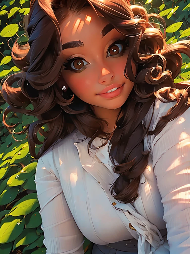 (masterpiece:1.2), (best quality:1.2), perfect brown eyes, perfect face, perfect lighting, 1girl, mature female in a field, dark brown hair, curly hair, detailed clothes, detailed outdoor background, makeup, eyeshadow, thick eyelashes, fantasy, looking at the viewer, spring