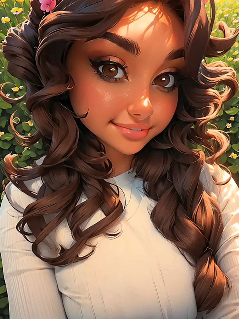 (masterpiece:1.2), (best quality:1.2), perfect brown eyes, perfect face, perfect lighting, 1girl, mature female in a field, dark brown hair, curly hair, detailed clothes, detailed outdoor background, makeup, eyeshadow, thick eyelashes, fantasy, looking at the viewer, spring