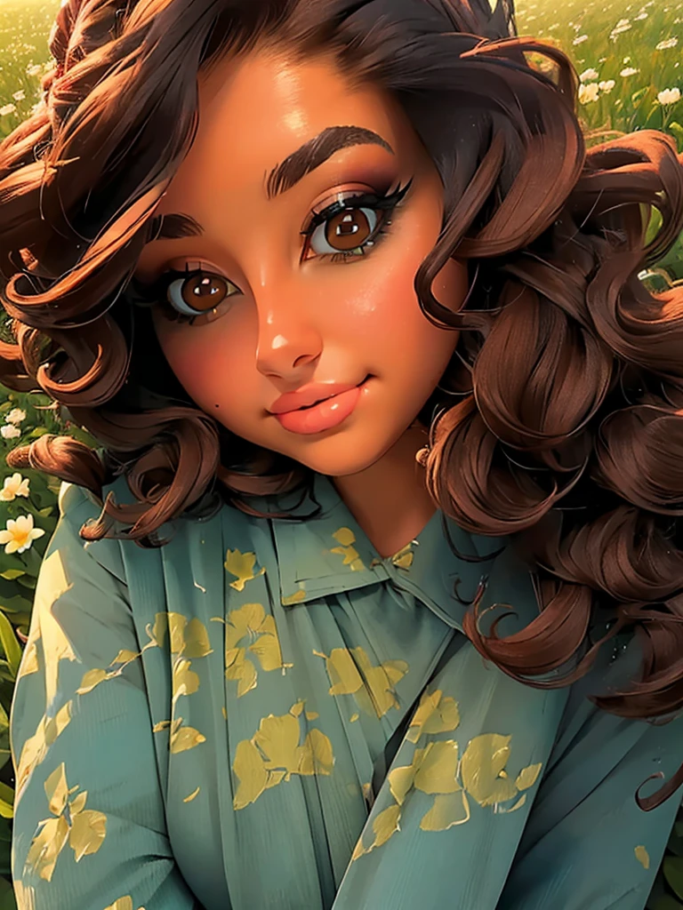 (masterpiece:1.2), (best quality:1.2), perfect brown eyes, perfect face, perfect lighting, 1girl, mature female in a field, dark brown hair, curly hair, detailed clothes, detailed outdoor background, makeup, eyeshadow, thick eyelashes, fantasy, looking at the viewer, spring 