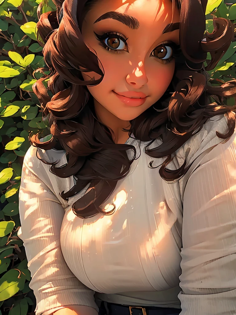 (masterpiece:1.2), (best quality:1.2), perfect brown eyes, perfect face, perfect lighting, 1girl, mature female in a field, dark brown hair, curly hair, detailed clothes, detailed outdoor background, makeup, eyeshadow, thick eyelashes, fantasy, looking at the viewer, spring 