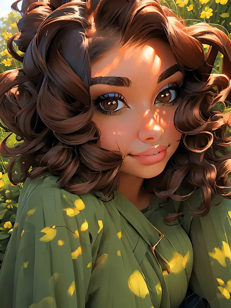 (masterpiece:1.2), (best quality:1.2), perfect brown eyes, perfect face, perfect lighting, 1girl, mature female in a field, dark brown hair, curly hair, detailed clothes, detailed outdoor background, makeup, eyeshadow, thick eyelashes, fantasy, looking at the viewer, spring 