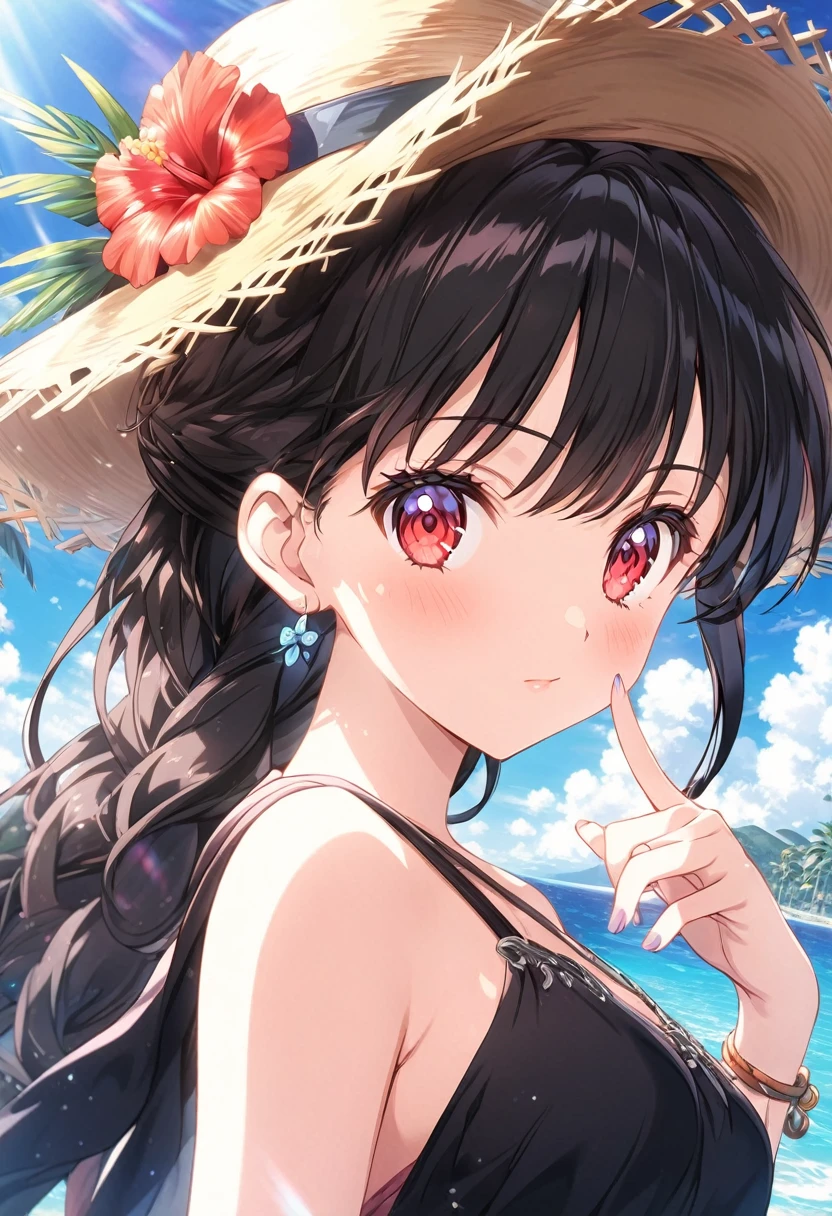 (masterpiece, best quality), very aesthetic, absurdres, extremely detailed CG unity 8k wallpaper, cel anime style, super fine illustration, (detailed_face:1.2), BREAK 1girl, long black hair wearing a straw hat, (sarong pass), small breasts, (glamorous expression), red eyes, anime style 8k, beautiful anime portrait, anime moe art style, anime art wallpaper 8k, High quality anime art style, anime style portrait, be familiar with digital anime art, anime art wallpaper 8k, cute anime girl portrait, Hawaii background, blue sea, palm trees, sunlight, full body, BREAK depth of field, perfect hands, nice fingers, 5_finger, 4_finger,1_thumb,