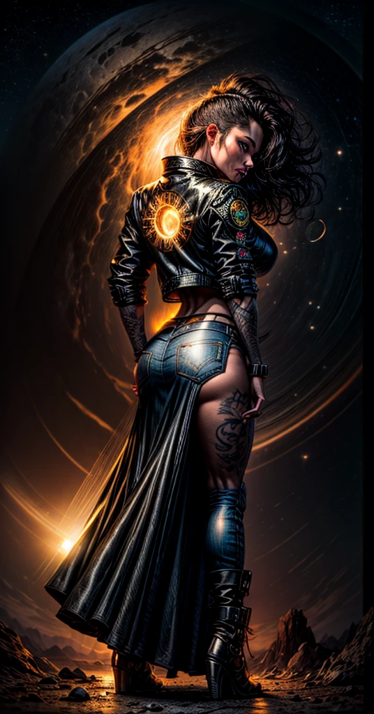 Tall Tough tattooed 40yo latina biker chick, Adult Model Daisy Marie with two strong legs dancing swirling twirling almost collapsing on Saturn's moon Calisto, looking like a creation that could actually survive there, wearing black leather graphics jacket and long leather-like denim dress that touches the ground split in the middle for riding, magic, art, wind, wind blown, spark, lightshow, fireflies, watching the rise of the distant Sun, with Saturn fully visible in the foreground, 36k resolution Kodak professional photography, hyperdetailed, Waiting to start