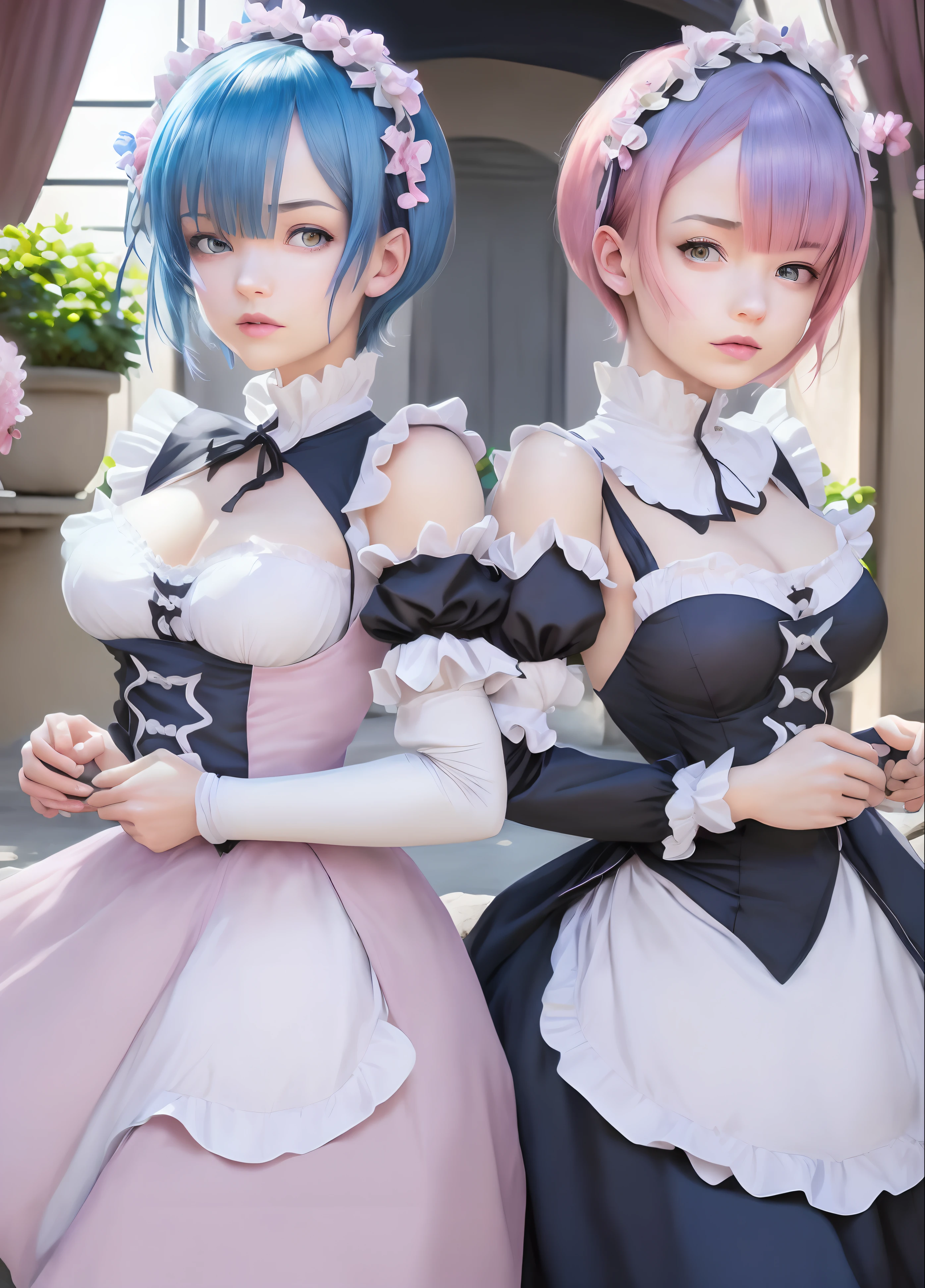 Againm_(Again:zero),multiple_girl,2girl,
green_hair,short_hair,Roswaal_Mansion_Maid_uniform,Maid,Sisters,Ram_(Again:zero),brother,pink_hair,independent_sleeve,bAgainasts,plant,Looking_in_Audience,Underbust,lips