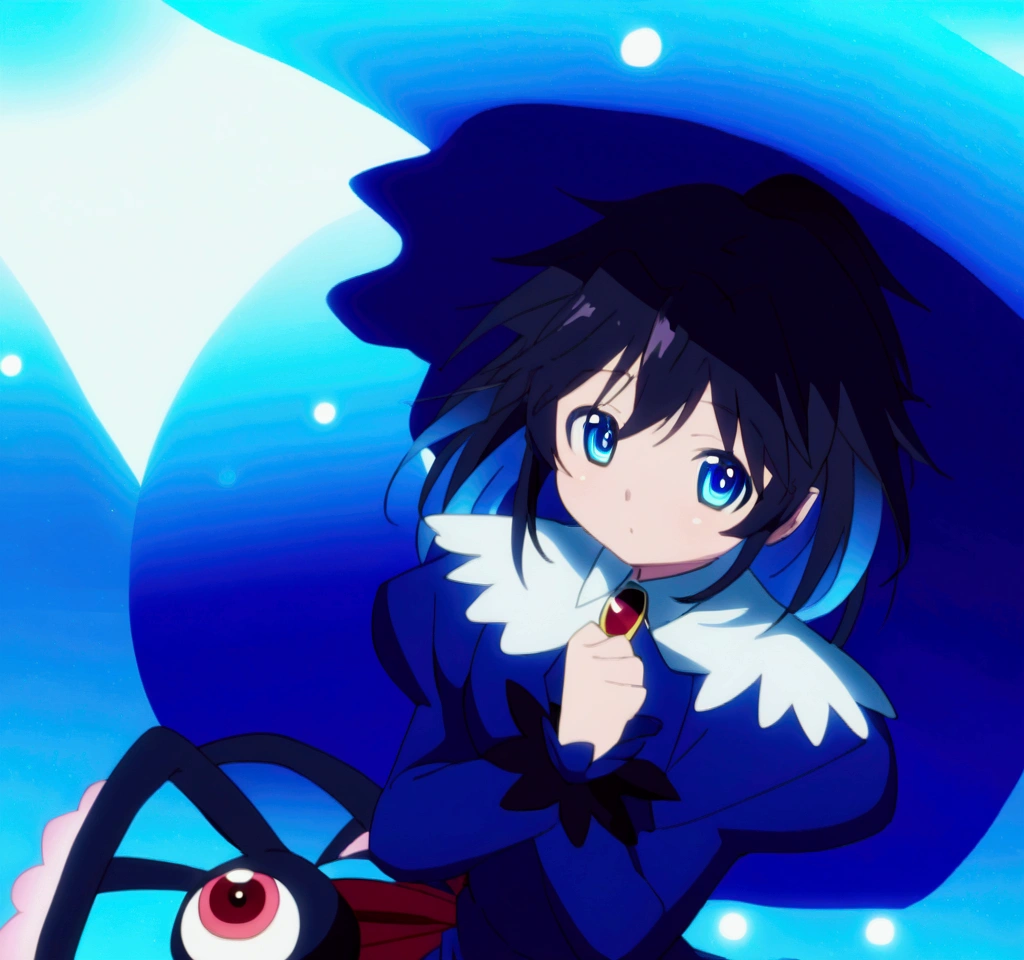 Anime girl with blue hair and blue dress, blue aura, from toho, ulcer toho, ulcer, ulcer from toho, toho character, an anime portrait of ulcer, toho, dreamy psychedelic anime, magical girl anime Mahou Shojo, Fubuki, an aura of magic around her, black-haired magician