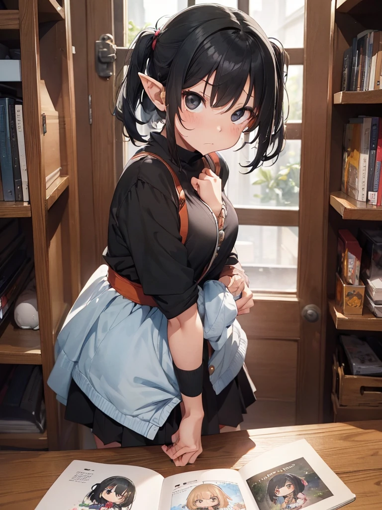 High resolution, 8K Ultra HD, ((watercolor))), ((((black hair)))), ((chibi style)), A biology encyclopedia is spread out on the table. A very small and cute elf fairy, 15cm tall, is standing next to a picture book on the table and staring at you. Very long elf ears, short hairstyle, ((((black eyes)))), ((((her eyes are big and droopy)))), ((full body image)). The details of the angry face are perfectly reproduced.
