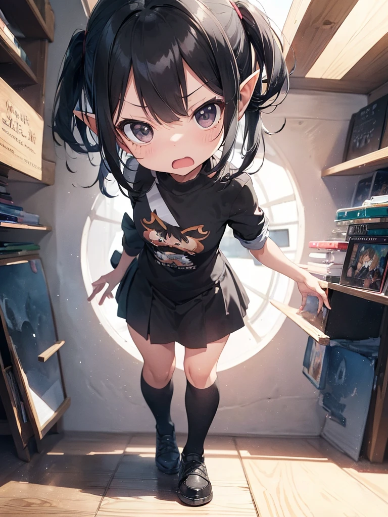 High resolution, 8K Ultra HD, ((watercolor))), ((((black hair)))), ((chibi style)), A biology encyclopedia is spread out on the table. A very small and cute elf fairy, 15cm tall, is standing next to a picture book on the table and staring at you. Very long elf ears, short hairstyle, ((((black eyes)))), ((((her eyes are big and droopy)))), ((full body image)). The details of the angry face are perfectly reproduced.