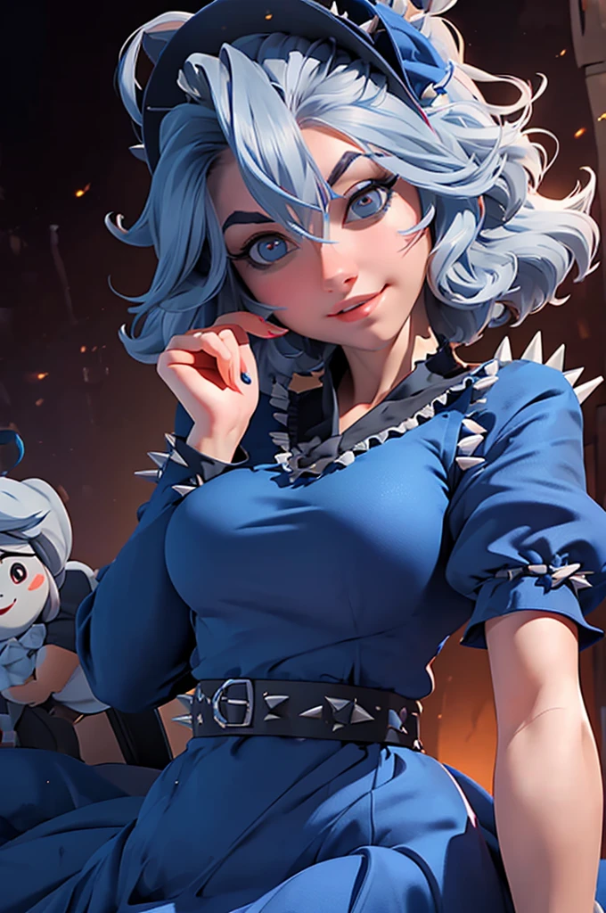 ((16 Nights Sakiya)), ((Touhou Project)), Cosplay, 20-year-old woman, (((gray hair)), ((medium spiky hair)), ((blue maid outfit)), ((white blouse)), midchest, (light)))), (pose))), (photorealistic photo: 1.3), rim lighting, (high detail skin:1.2), 8K UHD, dslr, high quality, high resolution, 4K, 8K, Bokeh, Absurdity, Best ratio four fingers and one thumb, (Real:1.3), Cutest 1 Girl, Lots of Knives