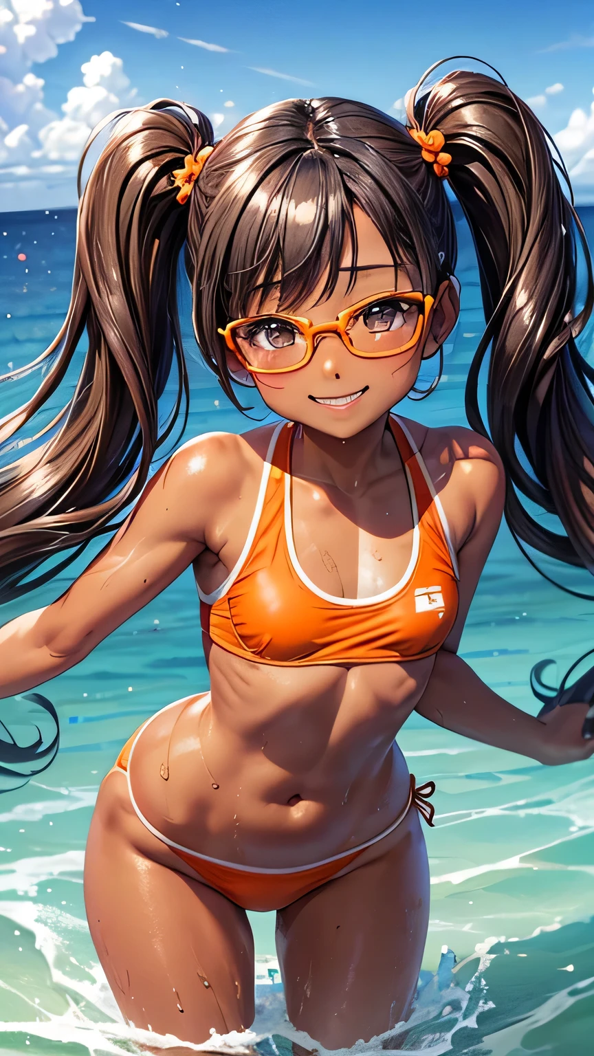 highest quality、Realistic、zoom、Chestnut Hair、Gray Eyes、Twin tails、Glasses、Orange swimsuit、Tanned black body、Tan、Dark Skin、slender、Small breasts、Sweat、smile、Ocean、