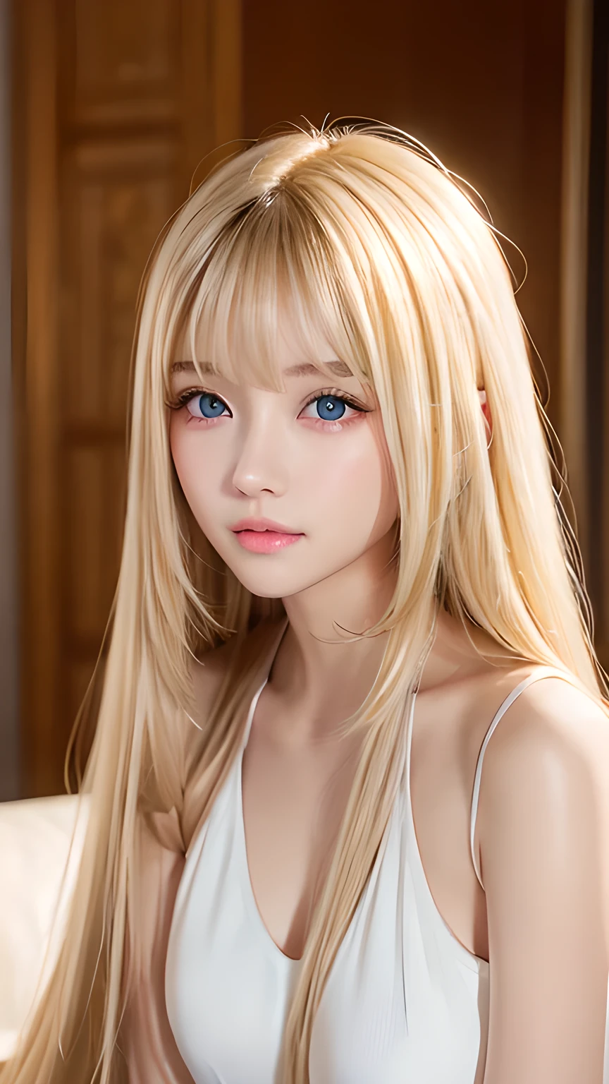 Beautiful super long straight silky hair with a dazzling golden shine、Bright expression、Blonde girl posing in a white top、Long golden bangs between the eyes,,、Glossy fair skin、Glowing Cheeks、Reality Girls、16-year-old girl、Beautiful girl with shining golden platinum blonde、Beautiful big bright blue eyes