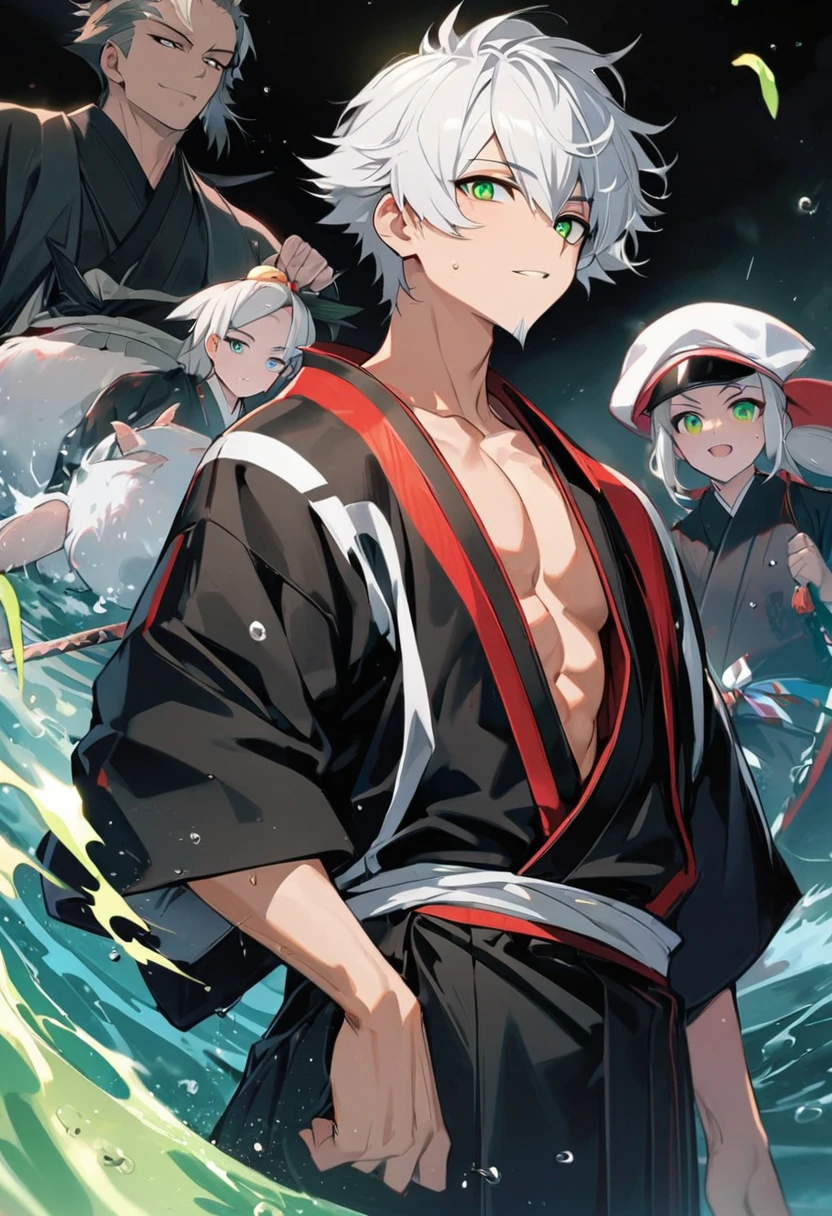 ung boy, male focus , tão bonitas, 人物, perfect composition, Moisture skin, 1 men, bonitas, White hair, vibrant green eyes, アニメ, 19yearsold, 19 years, a small goatee, white hair , shihakusho, vestindo shihakusho, regatta kimono, japanese kimono, japanese clothing, slim muscles, muscles covered by clothing, black clothes.
