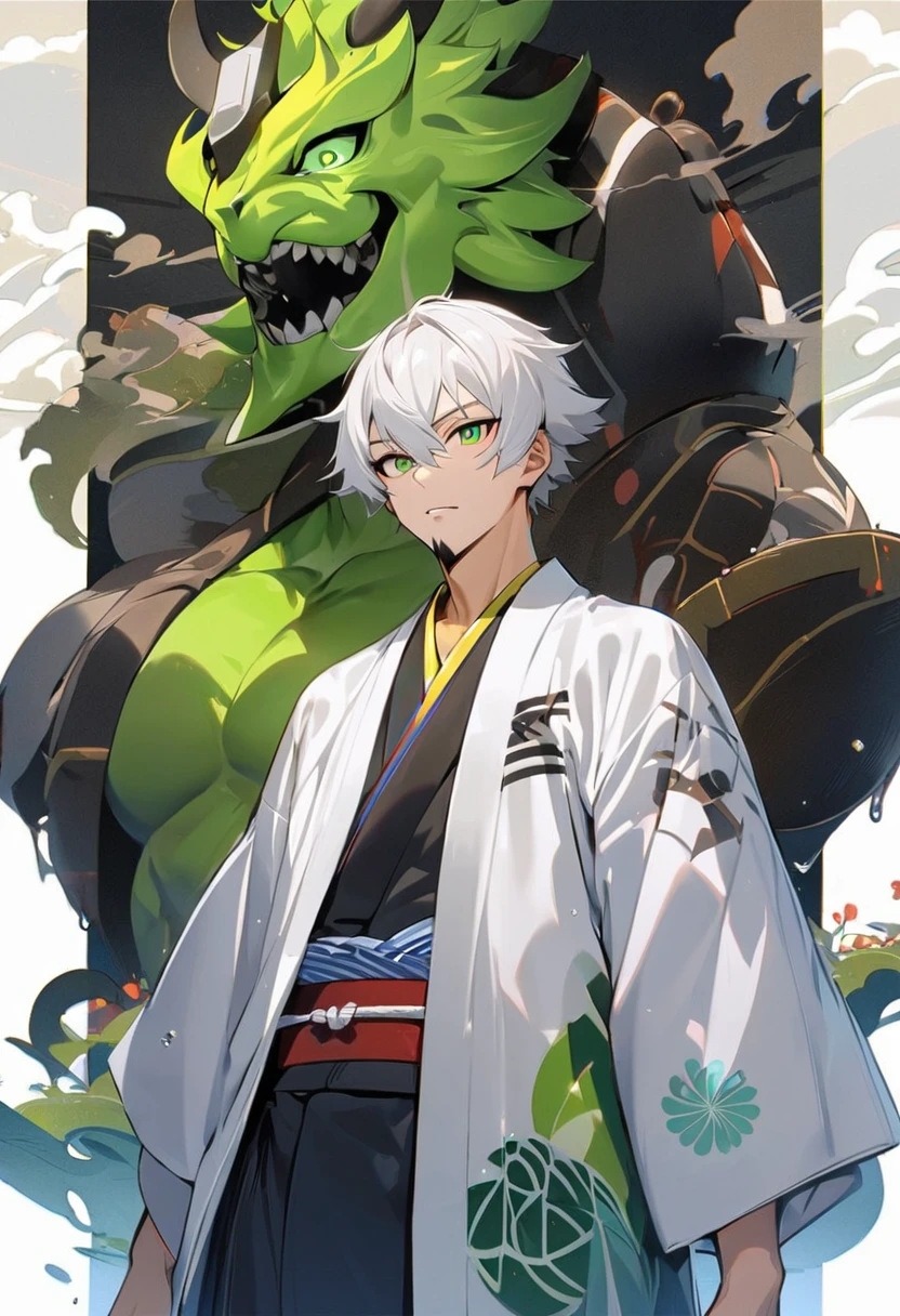 1 young boy, male focus , tão bonitas, 人物, perfect composition, Moisture skin, 1 men, bonitas, White hair, vibrant green eyes, アニメ, 19yearsold, 19 years, a small goatee, white hair , shihakusho, vestindo shihakusho, regatta kimono, japanese kimono, japanese clothing, slim muscles, muscles covered by clothing, black clothes.