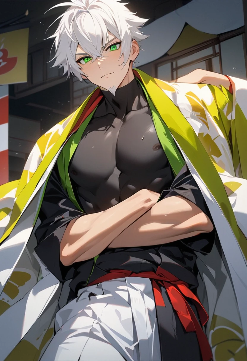 1 young boy, male focus , tão bonitas, 人物, perfect composition, Moisture skin, 1 men, bonitas, White hair, vibrant green eyes, アニメ, 19yearsold, 19 years, a small goatee, white hair , shihakusho, vestindo shihakusho, regatta kimono, japanese kimono, japanese clothing, slim muscles, muscles covered by clothing, black clothes.