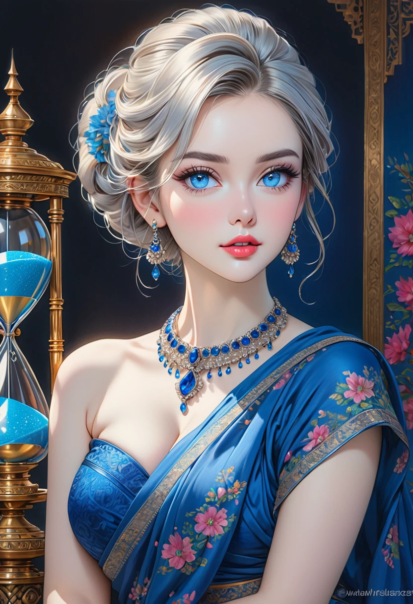 Colored pencil drawing, sexy woman, elegant hairdo, blue sari, sapphire necklace, pale skin, light eyes, blushing, amazing body, hourglass figure, hands resting on hips, vivid colors, portraits, studio lighting, sharp focus, beautiful detailed eyes, beautiful detailed lips, longeyelashes