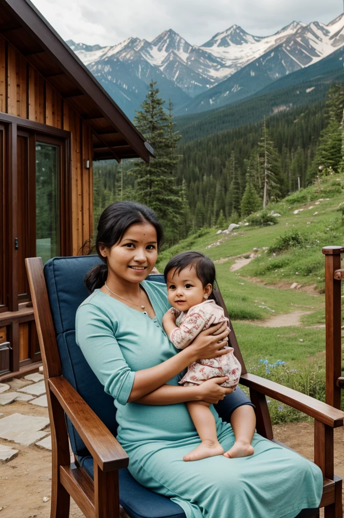 A mother that is holding a baby in her arms and sitting in a arm chair near mountains outside her wooden home