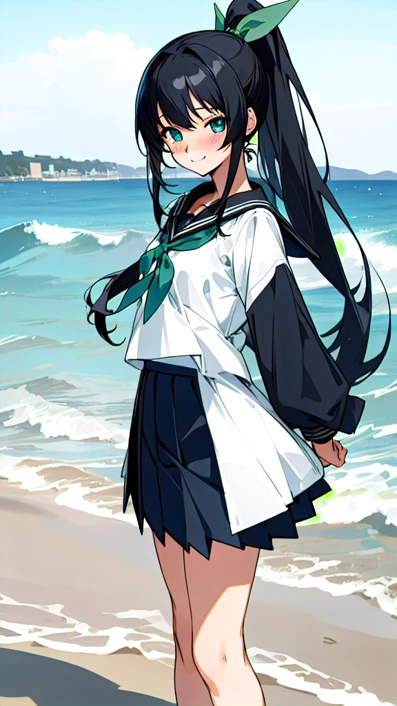 Anime characters white skin,Long black hair, Standing on the beach is a masterpiece, Highest quality, Detailed skin, Detailed eyes, Deep blue eyes,8k, Good shading, Detailed Background, Excellent ??????? 、Sailor suit with green ribbon、Black sailor suit collar、Black pleated skirt、smiling, Blushing, Feet out of frame, ponytail,
