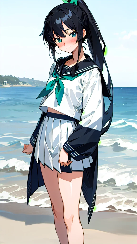 masterpiece,, full body, standing
standing,,beach,day,sunlight, from behind, ,look at viewer,
 <lora:oginV1:0.6>,ogin,girls und panzer,1girl, smoking pipe, solo, dixie cup hat, hat, skirt, long hair, hair over one eye, navel, school uniform, midriff, black hair, eyes visible through hair, coat, hand in pocket, pleated skirt, hat feather,black coat, dark skin, military hat, open coat, sailor, long sleeves, white skirt, dark-skinned female, holding, smile, white headwear, holding smoking pipe, shirt, neckerchief, black eyes, white shirt, miniskirt, bangs, cowboy shot, ponytail, blue eyes, closed mouth, bow, hair bow, sailor collar, red bow, open clothes, blouse
