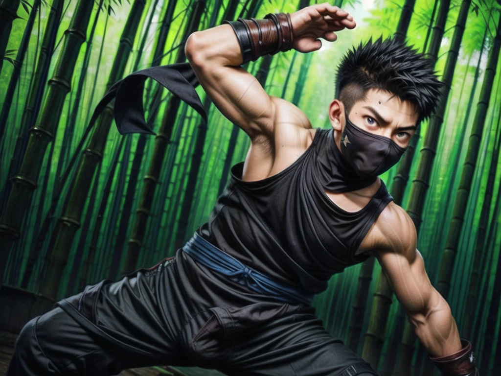 (((Cover your nose and neck with black cloth)))、Japanese men、((Sweaty armpits smell))、(((Crotch bulge)))、Fromside、(((fighting stance)))、((Sleeveless ninja jacket))、(((Ninja Pants)))、(((Ninja Tabi)))(Arm tattoo)、Muscular、(Glowering look、looking at viewer、big eyes、furious)、((Bamboo grove)、sidecut Spiky hair、、((full body))、 Detailed Background, The finer details、Real、3K、Highest quality