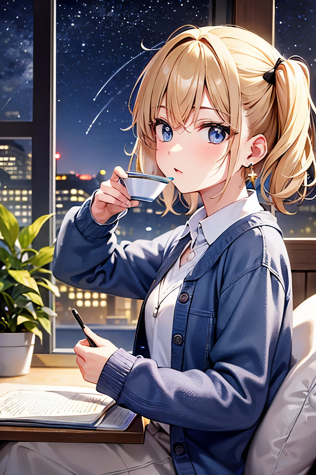 Absurd, Ultra-detailed,Bright colors, Very beautiful and detailed anime faces and eyes,indoor, Gazing at the audience,(You can see the starry sky from the window:1.2),(Kind Face:1.4), ribbon, window,plant,Chair,bangs,table, Clothes, Jacket, Long sleeve, Potted plants, Blurry, 白いJacket, 衣Clothesを脱いだブラジャーを少し開けて:1.3),cup, From the side, feet outside the frame, Depth of written boundary, Age 25,short hair, , 非対称のbangs, Blonde hair in short pigtails, Shiny Hair, Delicate and beautiful face, blush、blue eyes, White skin, Barrette, Earrings, necklace,Night Scenery、Star-filled night sky