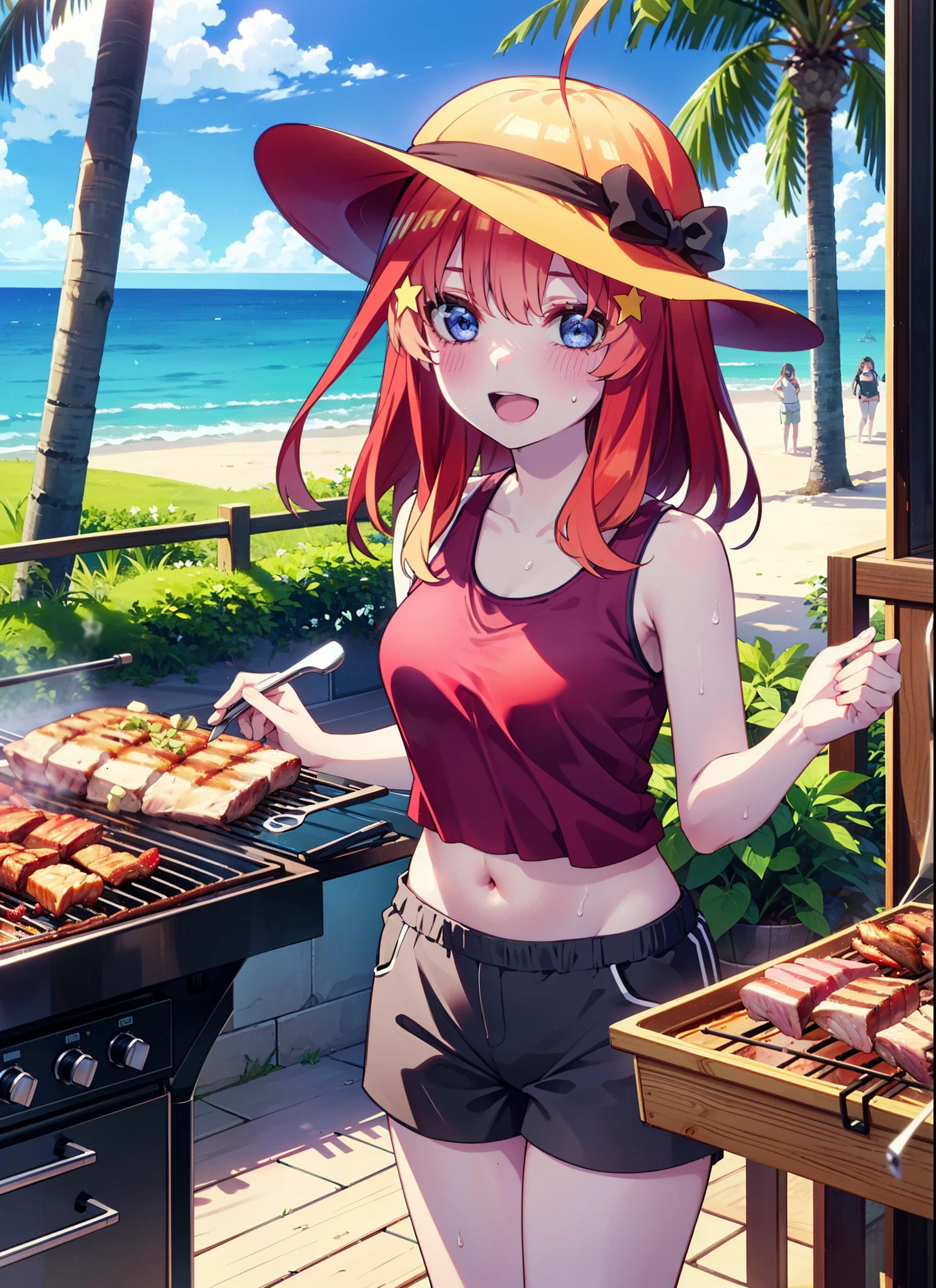 itsukinakano, Itsuki Nakano, bangs, blue eyes, Hair between the eyes, Ahoge, Redhead, star \(symbol\), hair ornaments, star hair ornaments,Baseball hats,happy smile, smile, Open your mouth,Red Tank Top,Belly button,Shorts,barefoot,Sweat,Beach,barbecue,cooking,Grilled meat,barbecue,Grilling meat,eating meat,Grilled meat,Palm tree,True Summer,Daytime,Clear skies,
break indoors, Beach,Sandy Beach,
break looking at viewer, (Cowboy Shot:1.5),
break (masterpiece:1.2), Highest quality, High resolution, unity 8k wallpaper, (figure:0.8), (Beautiful attention to detail:1.6), Highly detailed face, Perfect lighting, Highly detailed CG, (Perfect hands, Perfect Anatomy),