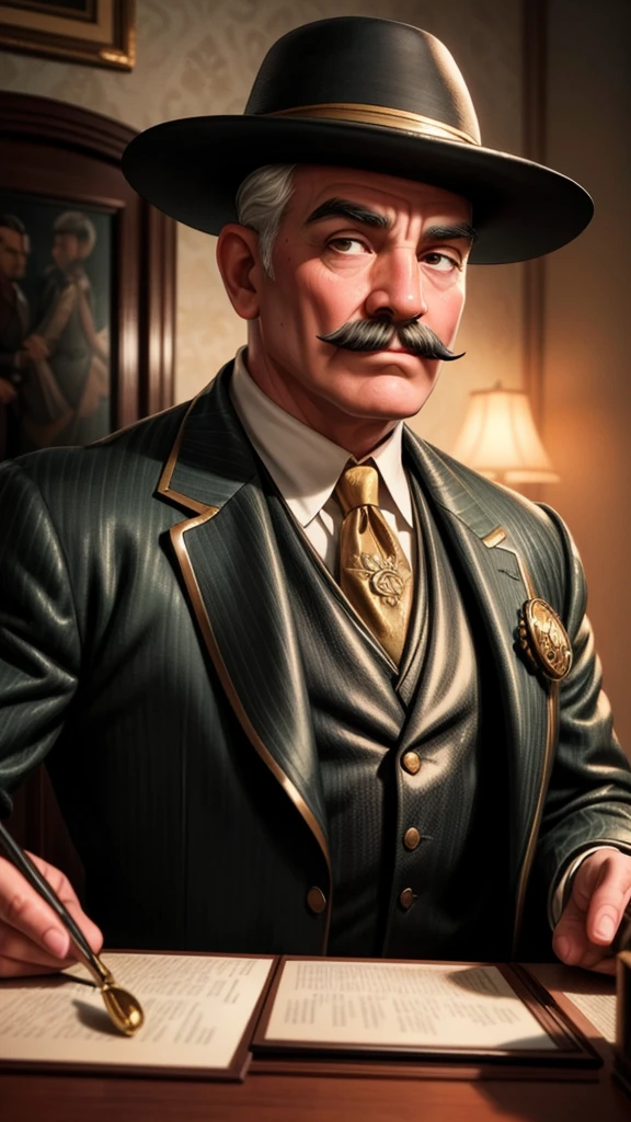 a sophisticated mystery crime scene, 1930s orient express, detailed portrait of hercule poirot, masterfully dressed in a fine suit, elegant mustache, piercing eyes, solving a murder case, intricate plot, lavish train interior, rich mahogany wood, plush velvet seats, golden accents, dramatic lighting, deep shadows, mysterious atmosphere, cinematic composition, photorealistic, highly detailed, oil painting, renaissance art style, chiaroscuro lighting, moody color palette, muted tones