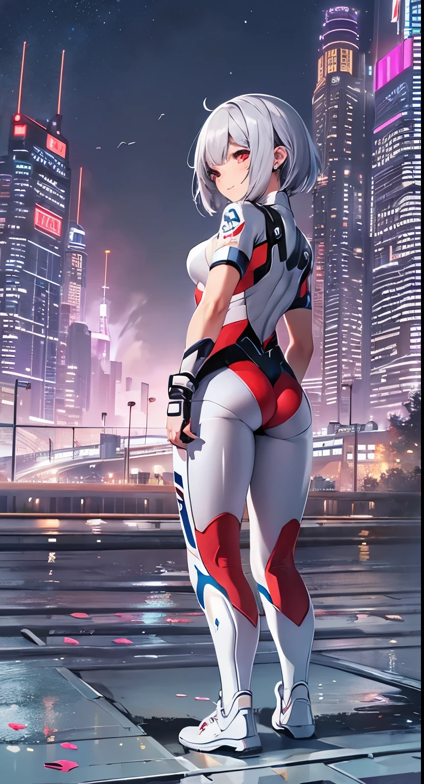 (Close-up:1.3),Realistic,Highest quality, Ultra Detail, High-quality CG rendering, The most delicate and beautiful, Floating softly, High resolution, (1 girl), (Highest quality,4K,8K,masterpiece:1.2) ,Light purple hair,Rabbit,(Bunny ears:1.5),ponytail,Red eyes,(Ultra Girl:1.0),(All blue Ultraman bodysuit:1.5),(All blue gloves:1.5),(All blue shoes:1.5), (Clenched Fist:1.2),(Turn your back to your audience:1.3),Butt