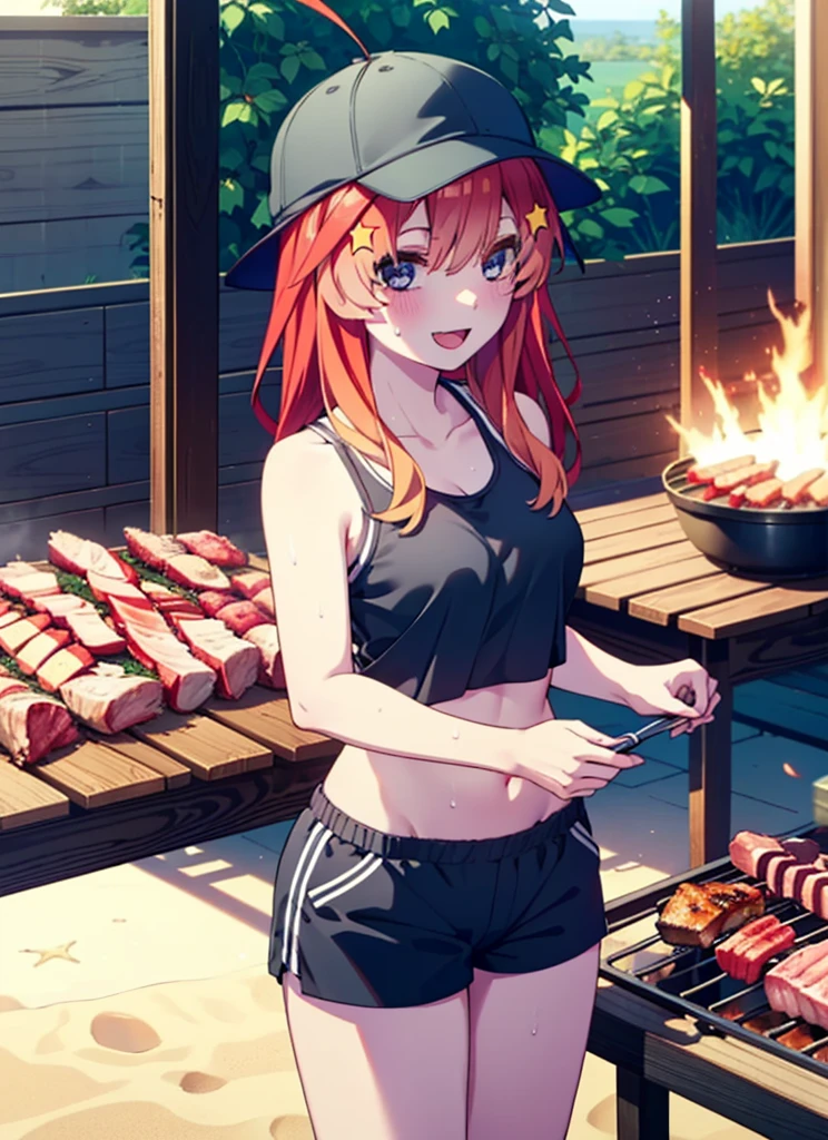 itsukinakano, Itsuki Nakano, bangs, blue eyes, Hair between the eyes, Ahoge, Redhead, star \(symbol\), hair ornaments, star hair ornaments,Baseball hats,happy smile, smile, Open your mouth,Red Tank Top,Belly button,Shorts,barefoot,Sweat,Beach,barbecue,cooking,Grilled meat,barbecue,Grilling meat,eating meat,Grilled meat,Palm tree,True Summer,Daytime,Clear skies,
break indoors, Beach,Sandy Beach,
break looking at viewer, (Cowboy Shot:1.5),
break (masterpiece:1.2), Highest quality, High resolution, unity 8k wallpaper, (figure:0.8), (Beautiful attention to detail:1.6), Highly detailed face, Perfect lighting, Highly detailed CG, (Perfect hands, Perfect Anatomy),