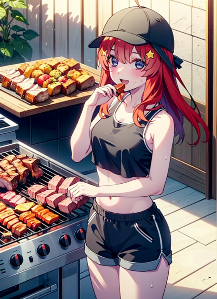 itsukinakano, Itsuki Nakano, bangs, blue eyes, Hair between the eyes, Ahoge, Redhead, star \(symbol\), hair ornaments, star hair ornaments,Baseball hats,happy smile, smile, Open your mouth,Red Tank Top,Belly button,Shorts,barefoot,Sweat,Beach,barbecue,cooking,Grilled meat,barbecue,Grilling meat,eating meat,Grilled meat,Palm tree,True Summer,Daytime,Clear skies,
break indoors, Beach,Sandy Beach,
break looking at viewer, (Cowboy Shot:1.5),
break (masterpiece:1.2), Highest quality, High resolution, unity 8k wallpaper, (figure:0.8), (Beautiful attention to detail:1.6), Highly detailed face, Perfect lighting, Highly detailed CG, (Perfect hands, Perfect Anatomy),