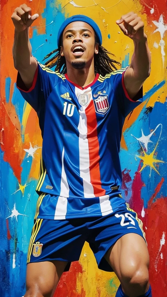 Ronaldinho the soccer player、High resolution, Open your mouth, Soccer stadium background、With arms outstretched、Highest quality, accurate, Anatomically correct, Abstract painting, Abstract painting, masterpiece,