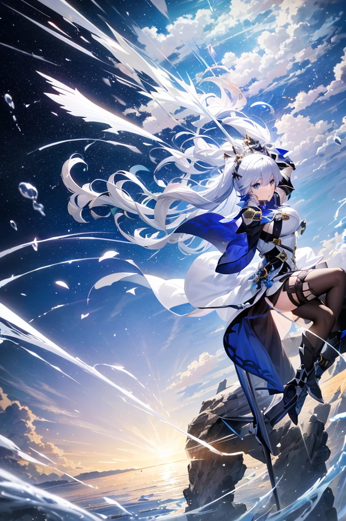8k, highest quality, (real:1.4), Original photo, 1 girl, Asari Hair, Biological Amplifier, refined armor, posture: Peace talks between warring factions, smart blue eyes,A modest smile、Blue big moon and blue light swirl in the background、Blue light from behind