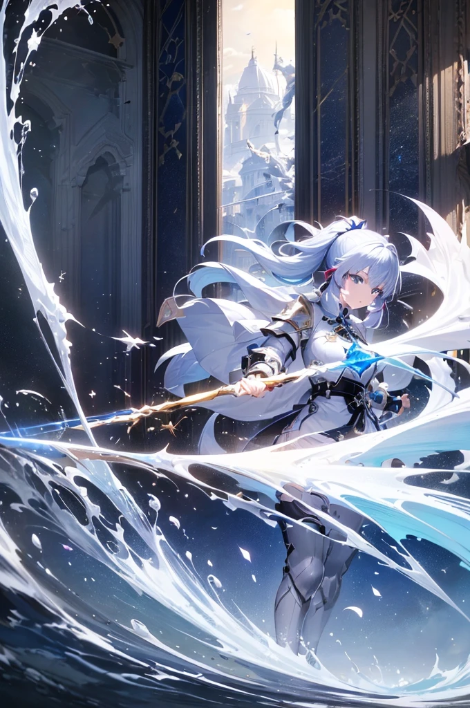 a cartoon of a woman with white hair and blue eyes, Ayaka Genshin Impact, armor girl, de Arknights, anime splash , ayaka game genshin impact, genshin impact character, genshin impact keqing, genshin, from bravely predetermined ii, maple story character art, fantasy big blue, official art, white armor