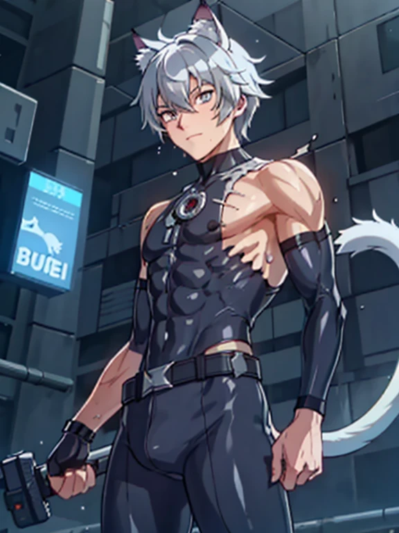 ((Fine details)), Best Shadow,Cinema Lighting,Highest quality,((Very detailed)) masterpiece Embarrassing Gray Hair Electricity began get wet Big eyes thin The suit was torn Upper body naked sweating Delicate body Corruption High saturation Muscular young man Ryona torture Skin is visible in places shout View from below Femboy Light hits the skin Baby Face Fallen Lie Mind control the body is slim Cat ear shout Enduring pain Crotch belt erection Wet ground It's long, Thick tail Big eyes Side view The whole picture is visible