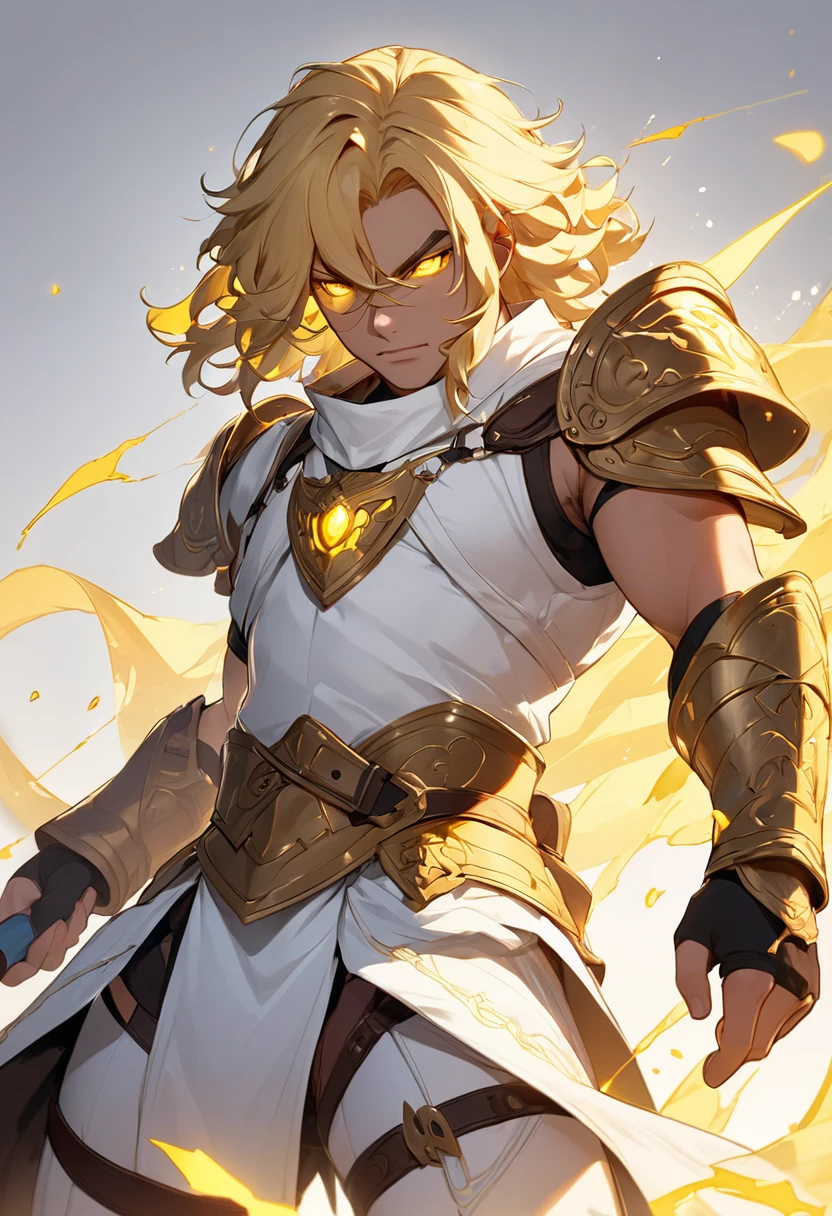 naughty man, warrior, Mediovale, wearing thick white clothes, blondie hair, shorth hair, Glowing gold Eyes