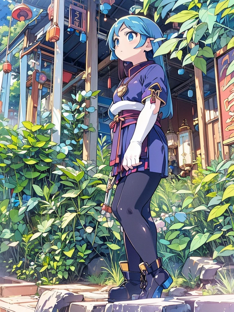 (female),cotton cap,(wave hair),dragon Chinese dress,black inner,gloves,pendant,(black tights),boots,cane,skirt,(background):,blue sky,ancient Luis,mist,((jungle)),(sun flare),　　　　　　(effect):,best quality,anime screencap,8k,high resolution,((anime style)),(anime paint)