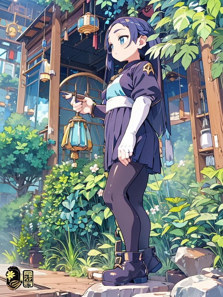 (female),cotton cap,(wave hair),dragon Chinese dress,black inner,gloves,pendant,(black tights),boots,cane,skirt,(background):,blue sky,ancient Luis,mist,((jungle)),(sun flare),　　　　　　(effect):,best quality,anime screencap,8k,high resolution,((anime style)),(anime paint)