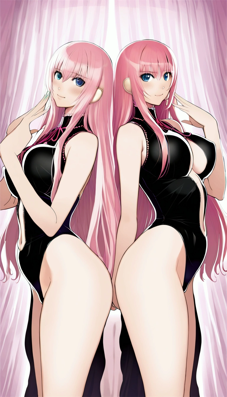 masterpiece,Beautiful adult woman ,Megurine Luka,E cup ,Pink long hair,blue eyes,High leg black swimsuit,smile,Bedroom,