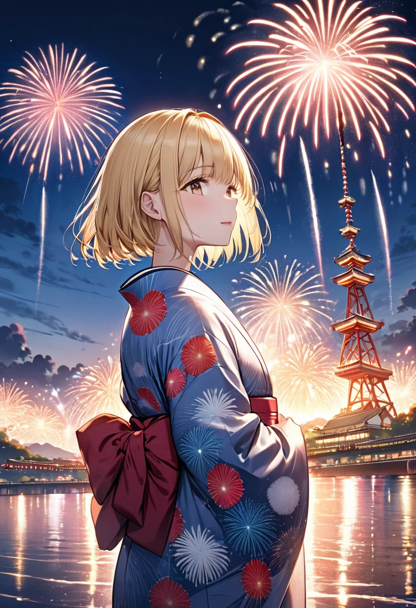 A blonde bob girl is wearing a yukata and watching the fireworks. Please draw a beautiful and magnificent picture of the big fireworks at the fireworks display.masterpiece,best quality,ultra-detailed, illustration, detailed light,an extremely delicate and beautiful,dynamic