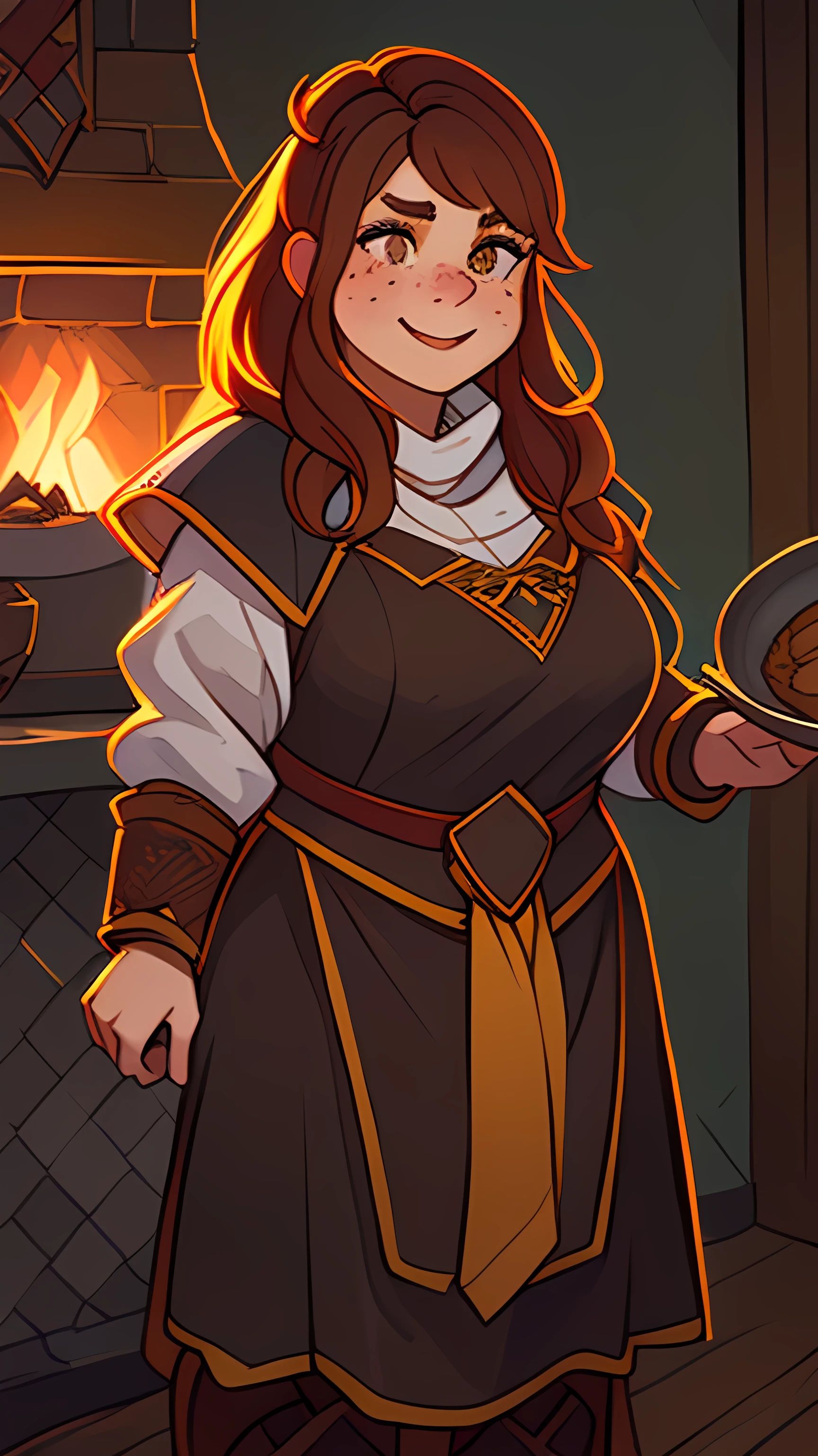 Full-body image, chubby woman , offwhite , low growth , plumpness , Youngh, smilling face , freckles , dark shaped eyes , wavy red hair ,some pieces of plate armor on the body, hard ,female dwarven cooking rpg ,brown leather blankets , few pieces of plate armor. in the kitchen iron pan on the wood stove. 4k alta qualidade , amazing art , 
