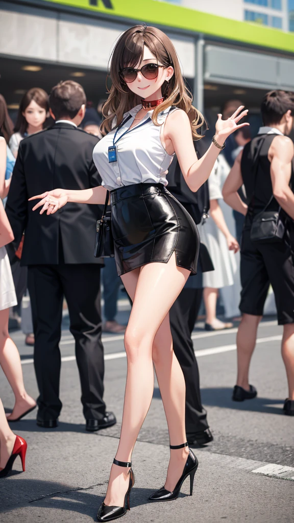 (8k、Best image quality、Highest quality、masterpiece)、Detailed face、Detailed Background, Improve、A beautiful 35 year old woman, Light Brown Hair, Long wavy hair, blunt bang, Light-colored sunglasses, (Brown eyes:1.2), Big Tits, Big Ass, (A sleeveless white shirt with a collar:1.3), (Displaying ID card around neck:1.2), (Black tight mini skirt), (Black high heels), Wave your hand here,  (Sexy smile:1.5), (Blushing:1.2), Standing in front of the station, Watch in the right hand, crowd, Angle from a little distance
