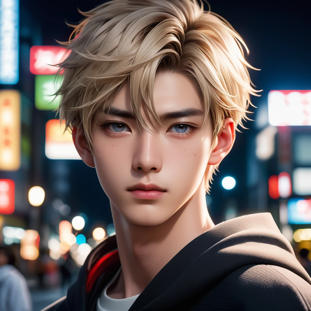 Meticulous, analog style, focus on the eyes, highest quality, (highly detailed skin), photo of very handsome pale skin Japane donghua boy, 21 years old, (wearing), perfect face, pore skin, (penetration:0.5), japanese city background, (bokeh:0.6), sharp focus, grainy lighting, (backlight:0.7), film grain, photographed with Sony A7R IV camera, 18mm F/1.7 cine lens, (highly detailed, intricate detail), 8k, HDR, front view, (upper body: 0.9)