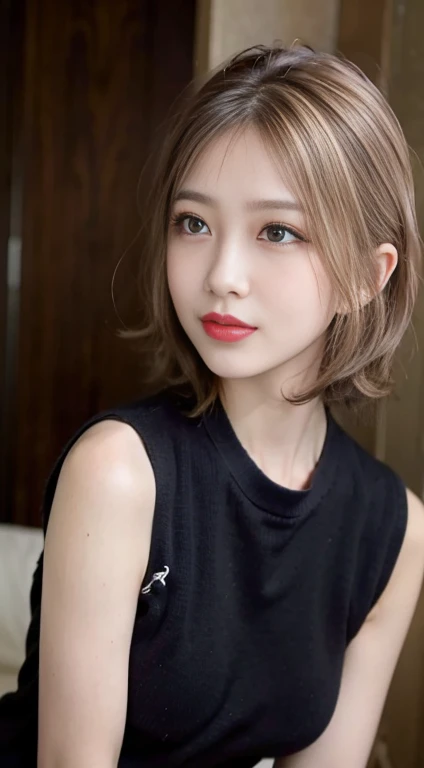 blush a little and smile, (Top quality masterpiece:1.2) Delicate illustrations, Very detailed, /Beautiful Japanese Women、1 person,Very cute and slim、Great style 、((8k images、super high quality))、Very delicate face, 、Skin and Hair、beautifule forehead、Red lipstick、(((((short hair、Blonde、lure))))),Very cute Japanese cut face、Eyes and nose are clearly visible、Kind eyes,((((Black sleeveless fashion))))